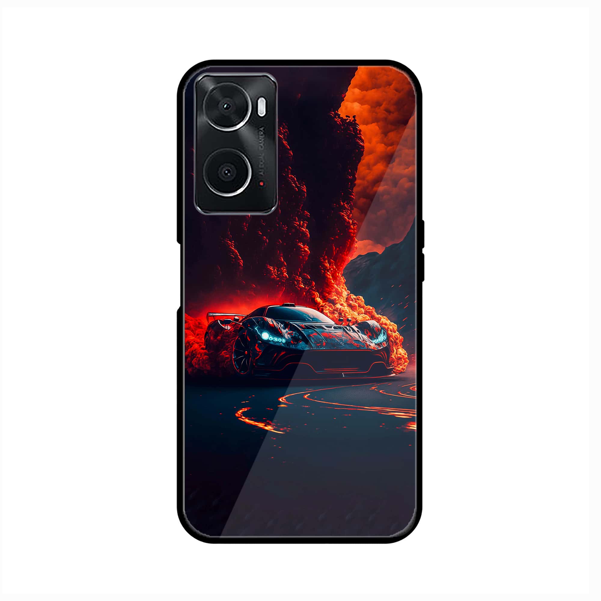 Oppo A76 Racing Series Premium Printed Glass soft Bumper shock Proof Case