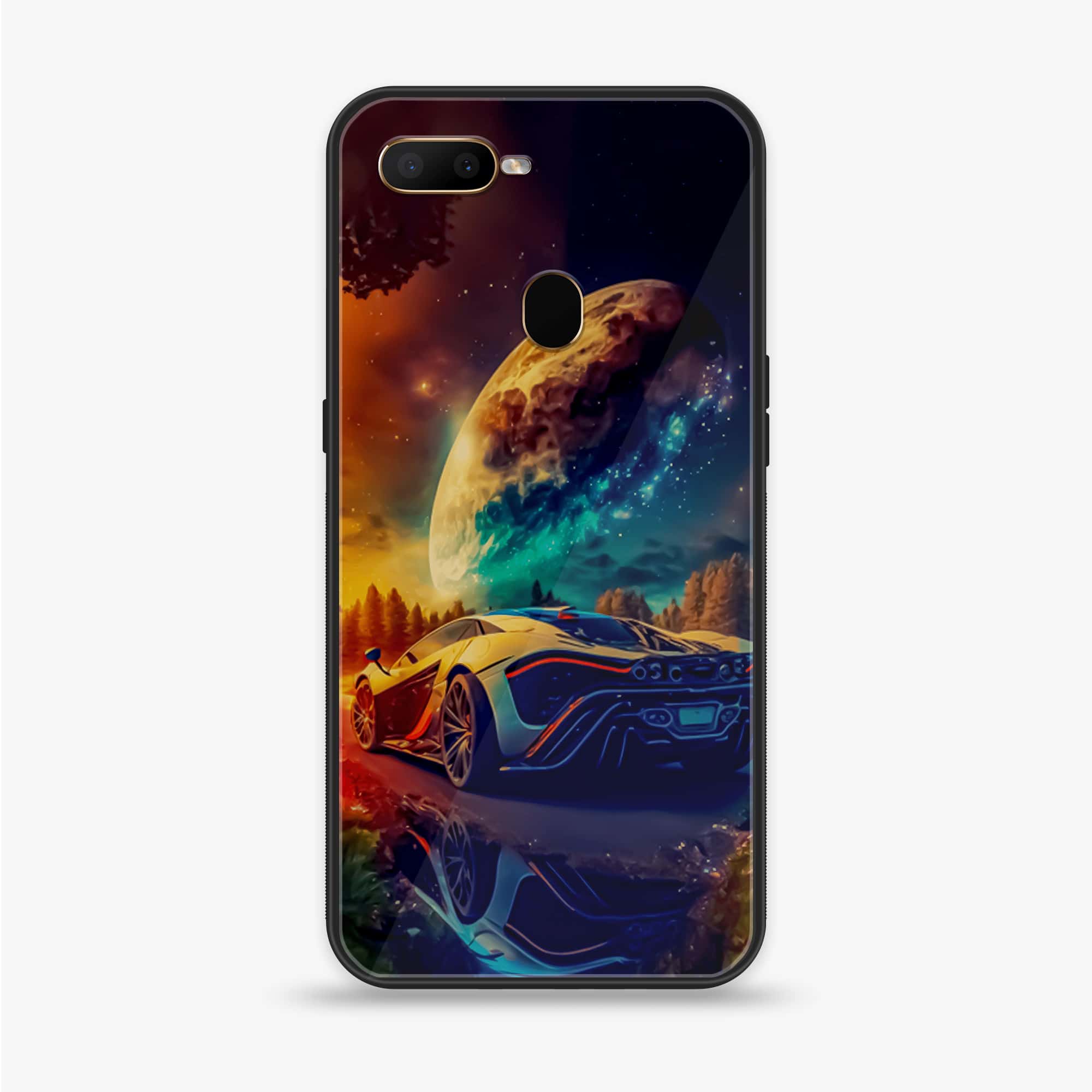 Oppo A7 - Racing Series - Premium Printed Glass soft Bumper shock Proof Case