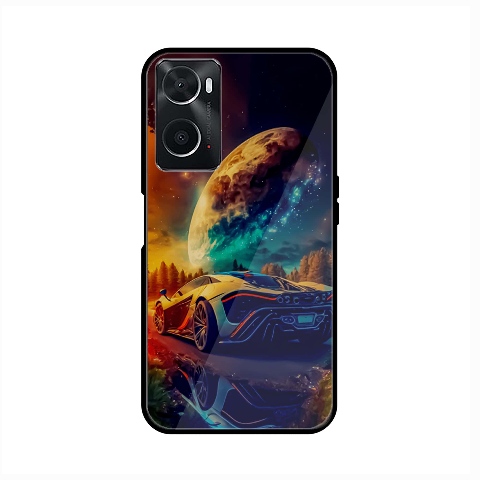 oppo A96 Racing Series Premium Printed Glass soft Bumper shock Proof Case