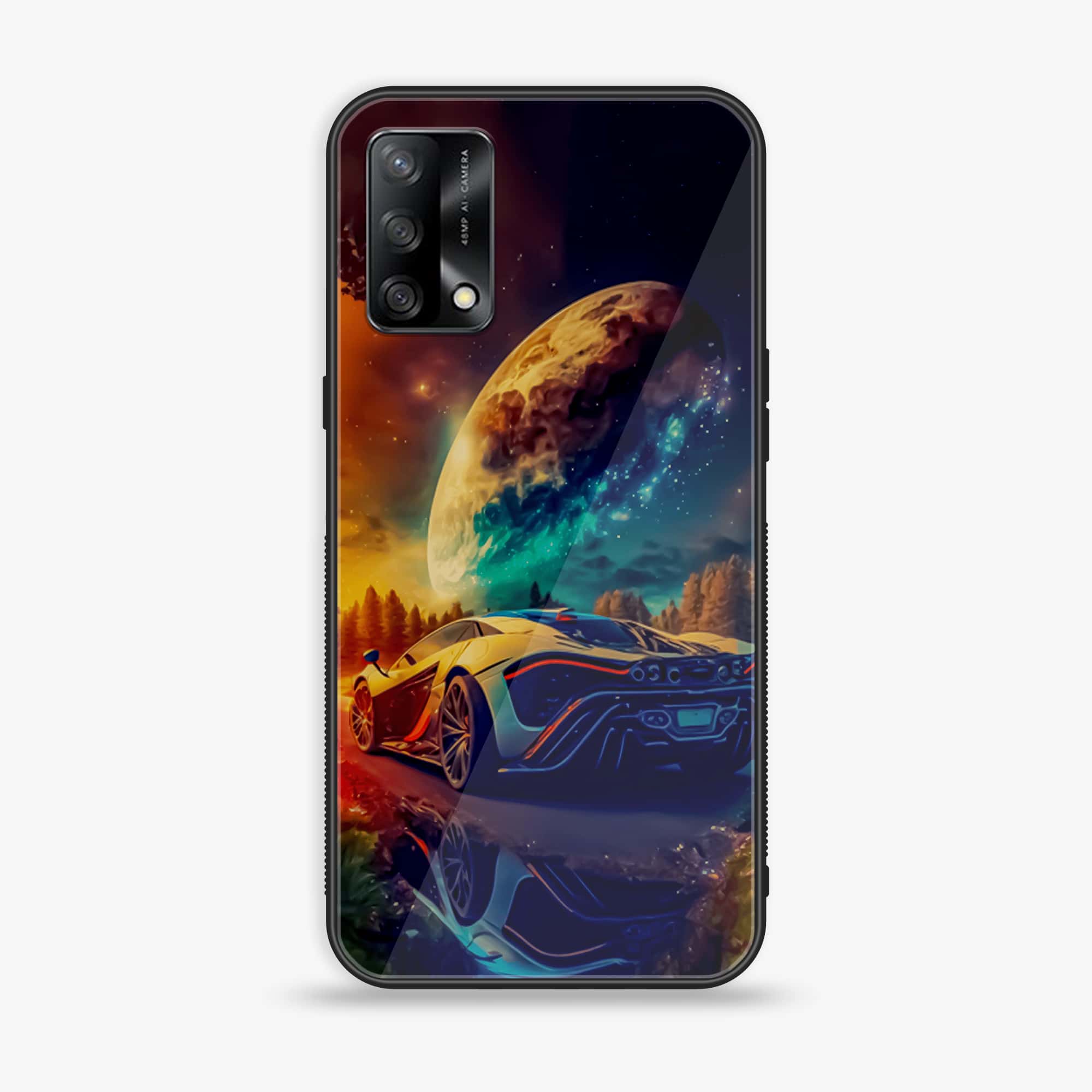 Oppo A74 - Racing Series - Premium Printed Glass soft Bumper shock Proof Case