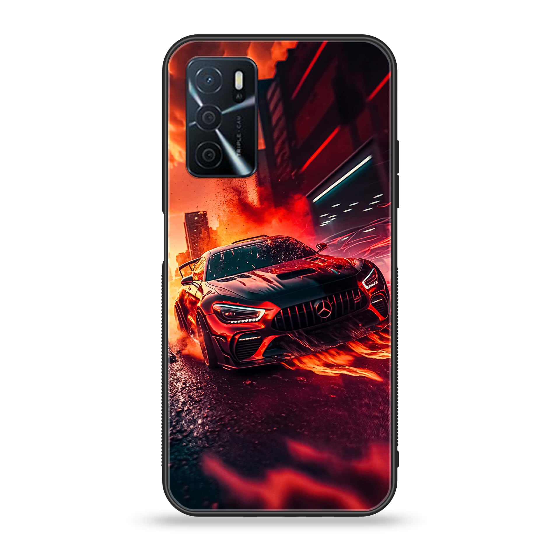 OPPO A16 - Racing Series - Premium Printed Glass soft Bumper shock Proof Case
