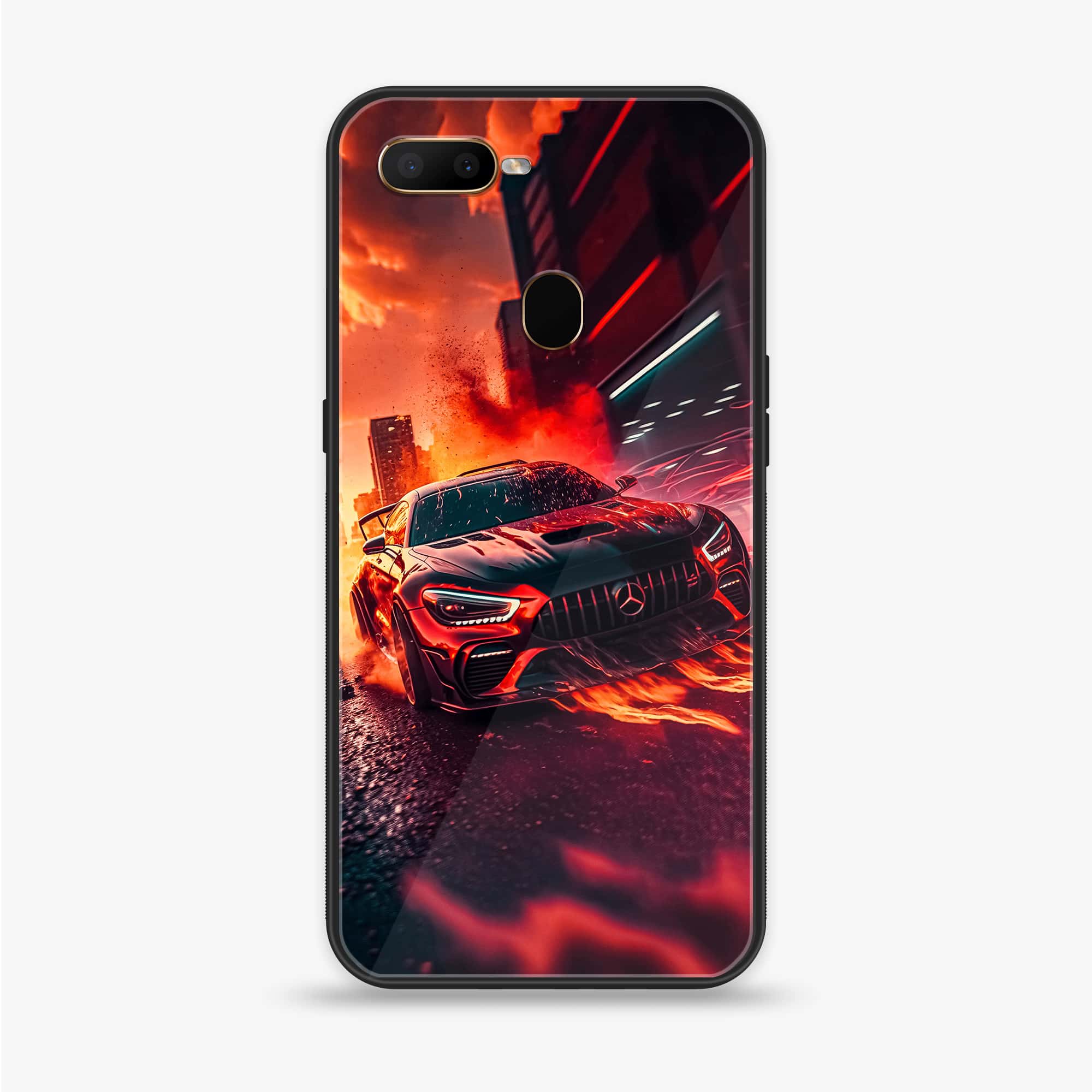 Oppo A7 - Racing Series - Premium Printed Glass soft Bumper shock Proof Case