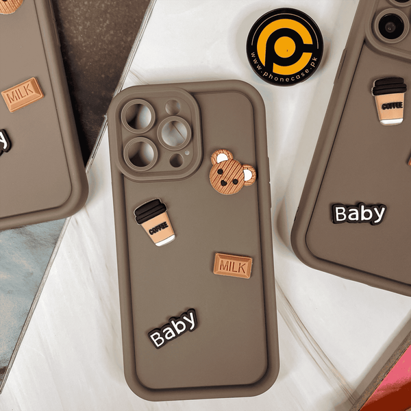 iPhone 13 Pro Max Cute 3D Bear Coffee Milk Candy icons Liquid silicon Case