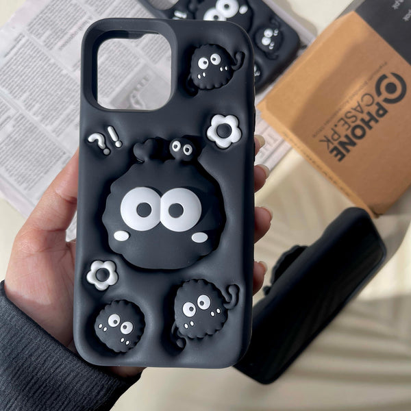 iPhone 15 Pro Max/ 14 Pro Max Cute 3D Soot Sprites Case with Pop-Socket Kickstand