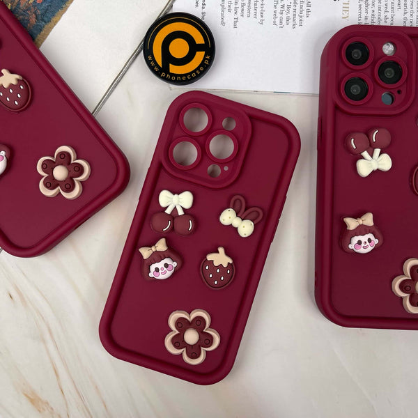 iPhone 15 Pro Cute 3D Cherry Flower Icons Silicon Case