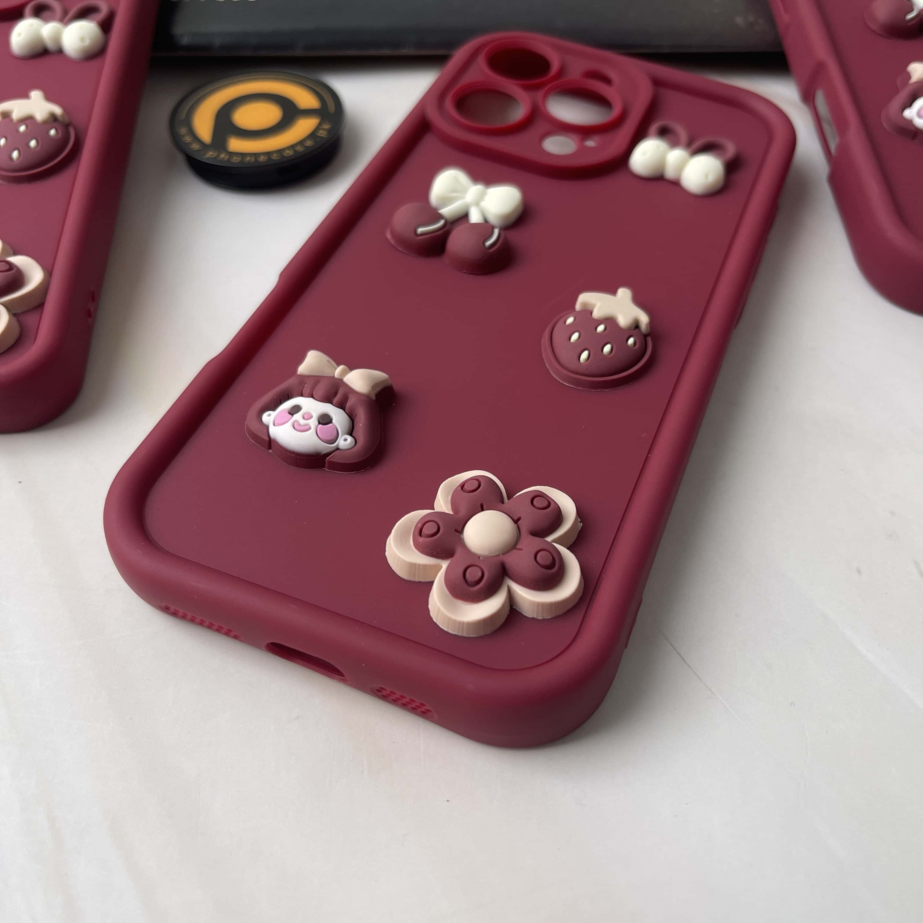 iPhone 16 Pro Cute 3D Cherry Flower Icons Silicon Case