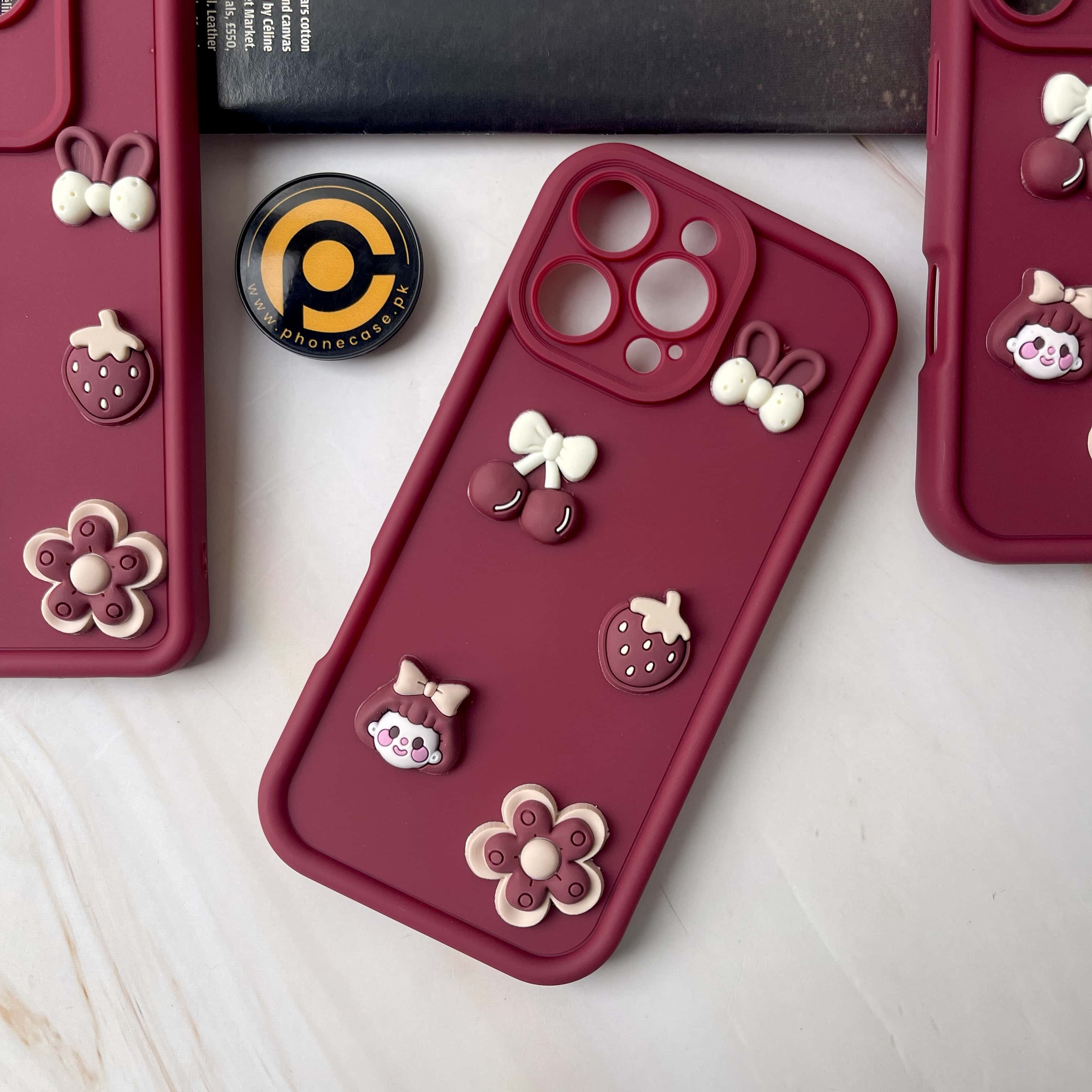 iPhone 16 Pro Cute 3D Cherry Flower Icons Silicon Case