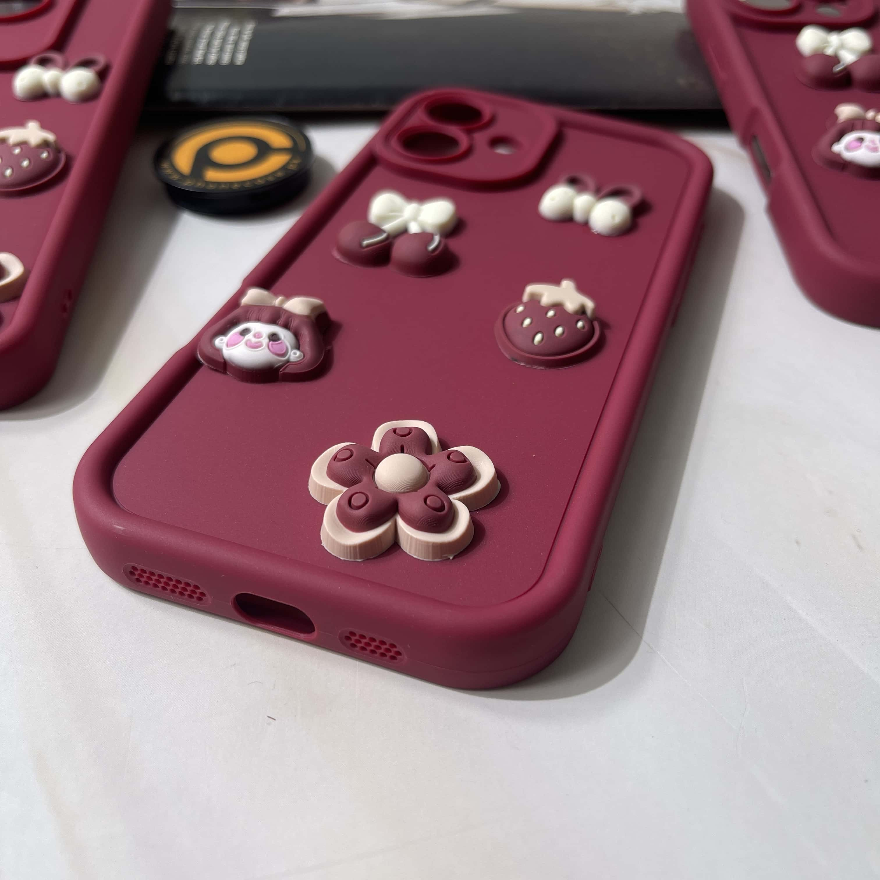 iPhone 16 Cute 3D Cherry Flower Icons Silicon Case