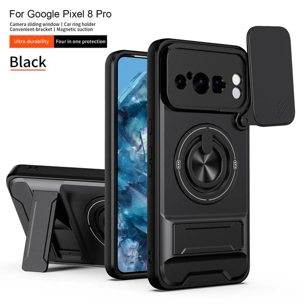 Google Pixel 8 Pro - Tactical Stealth MagSafe Case with Sliding Lens, Ring Holder & Kickstand