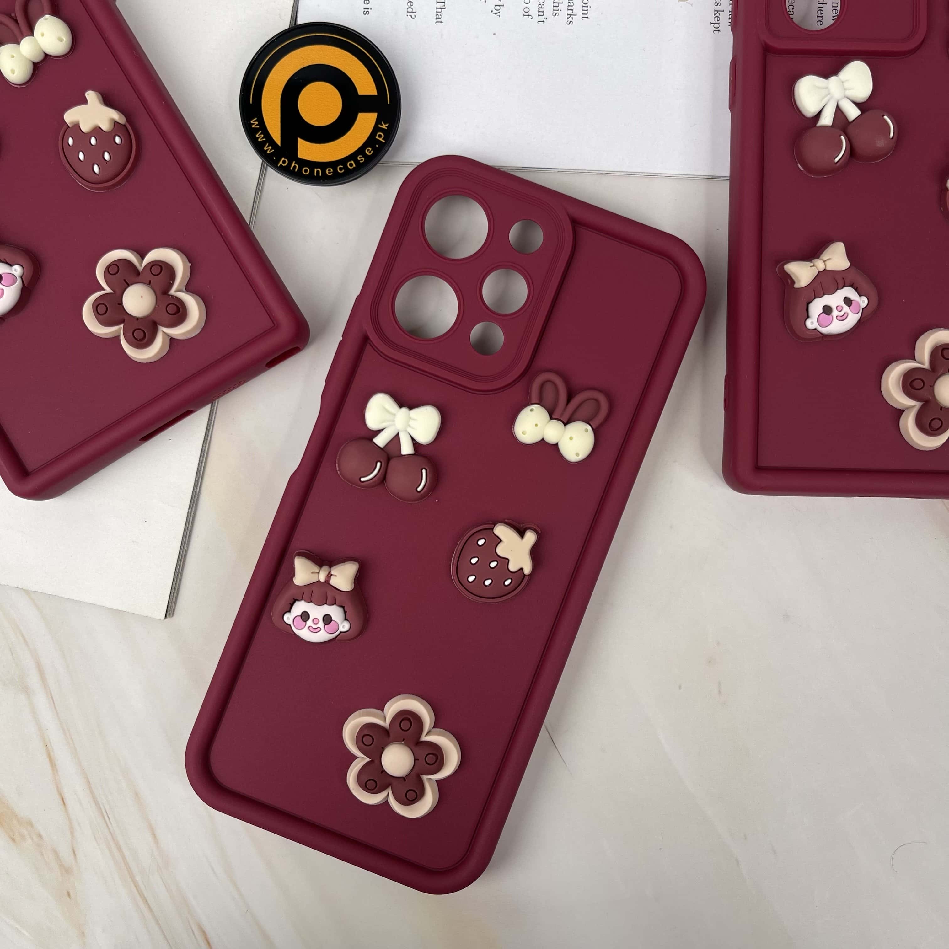 Redmi 12 Cute 3D Cherry Flower Icons Silicon Case