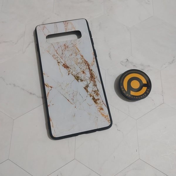 SAMSUNG GALAXY S10  - White & Gold Marble -Premium Printed Glass soft Bumper shock Proof Case  CS-26196