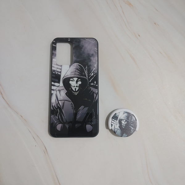 Redmi 10 4G/ Redmi 10 Prime  - Anonymous 2.0 Design 1- Soft Bumper shock Proof Glass Case with Pop socket CS-26277