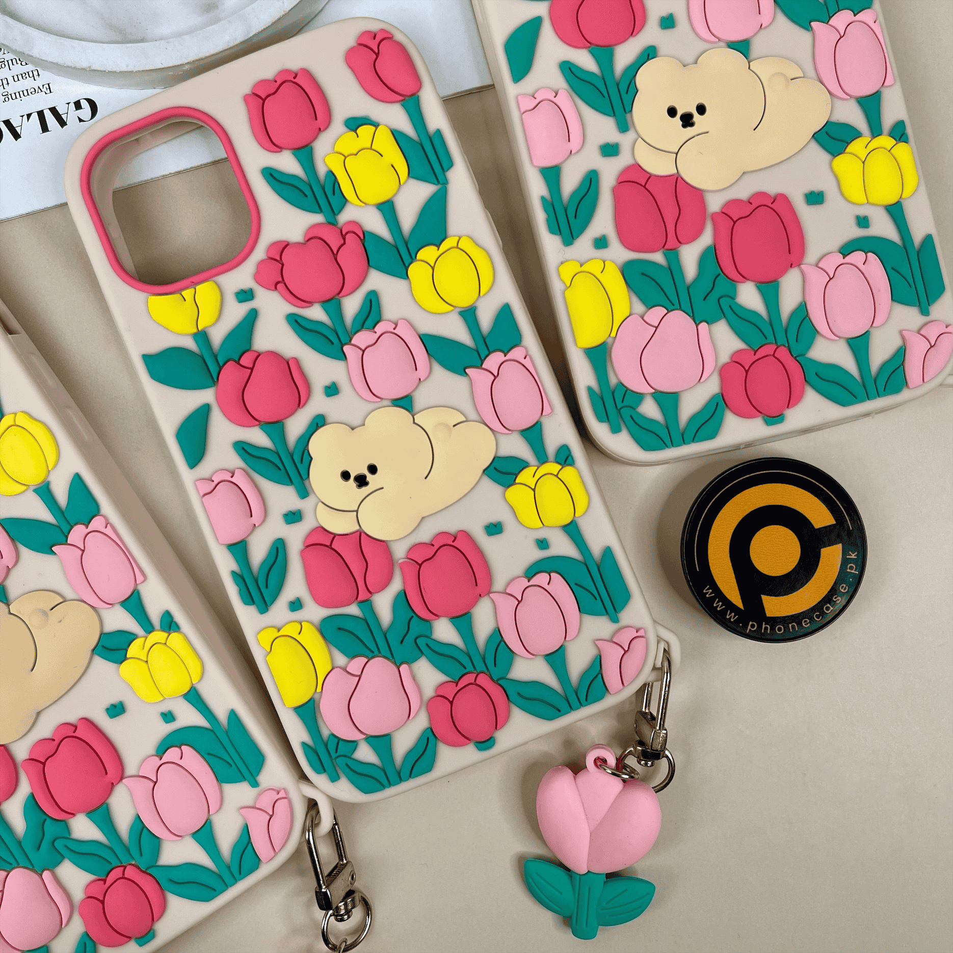 iPhone all models Floral Bear silicon Shock Proof Rubber 3D Case with Free pendant