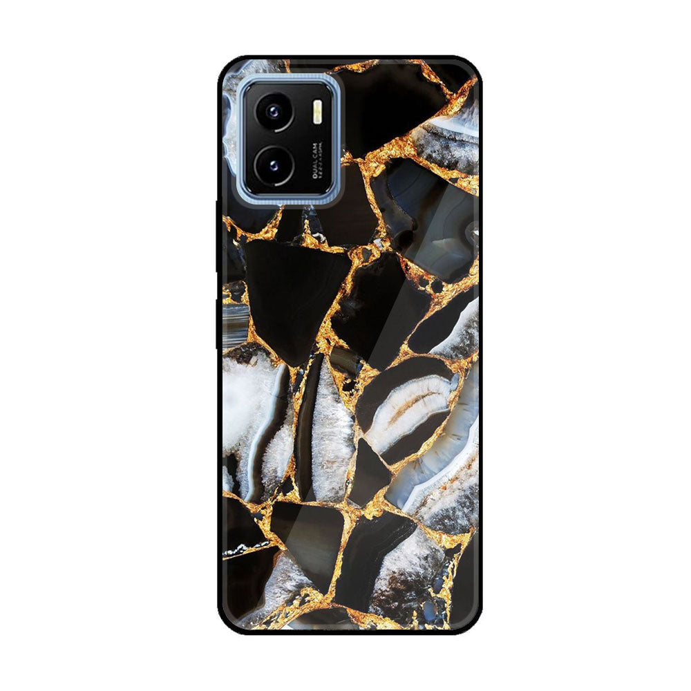 Vivo Y15c - Black Marble Series - Premium Printed Glass soft Bumper shock Proof Case