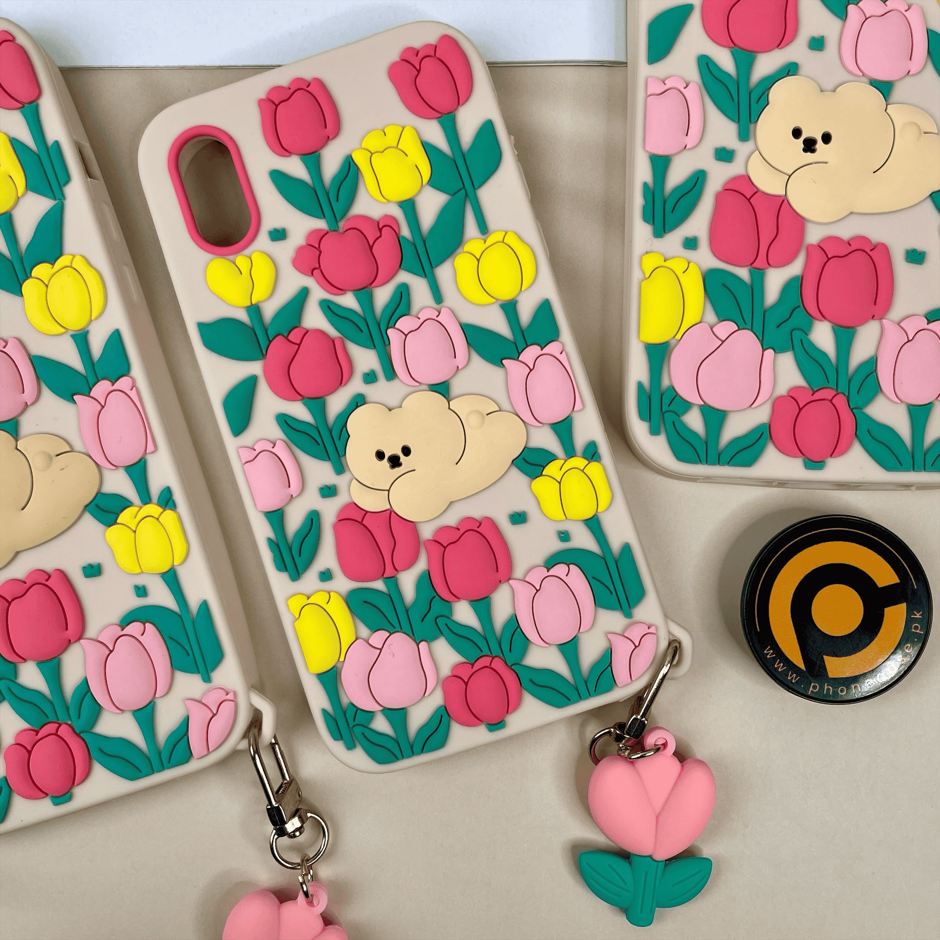 iPhone all models Floral Bear silicon Shock Proof Rubber 3D Case with Free pendant
