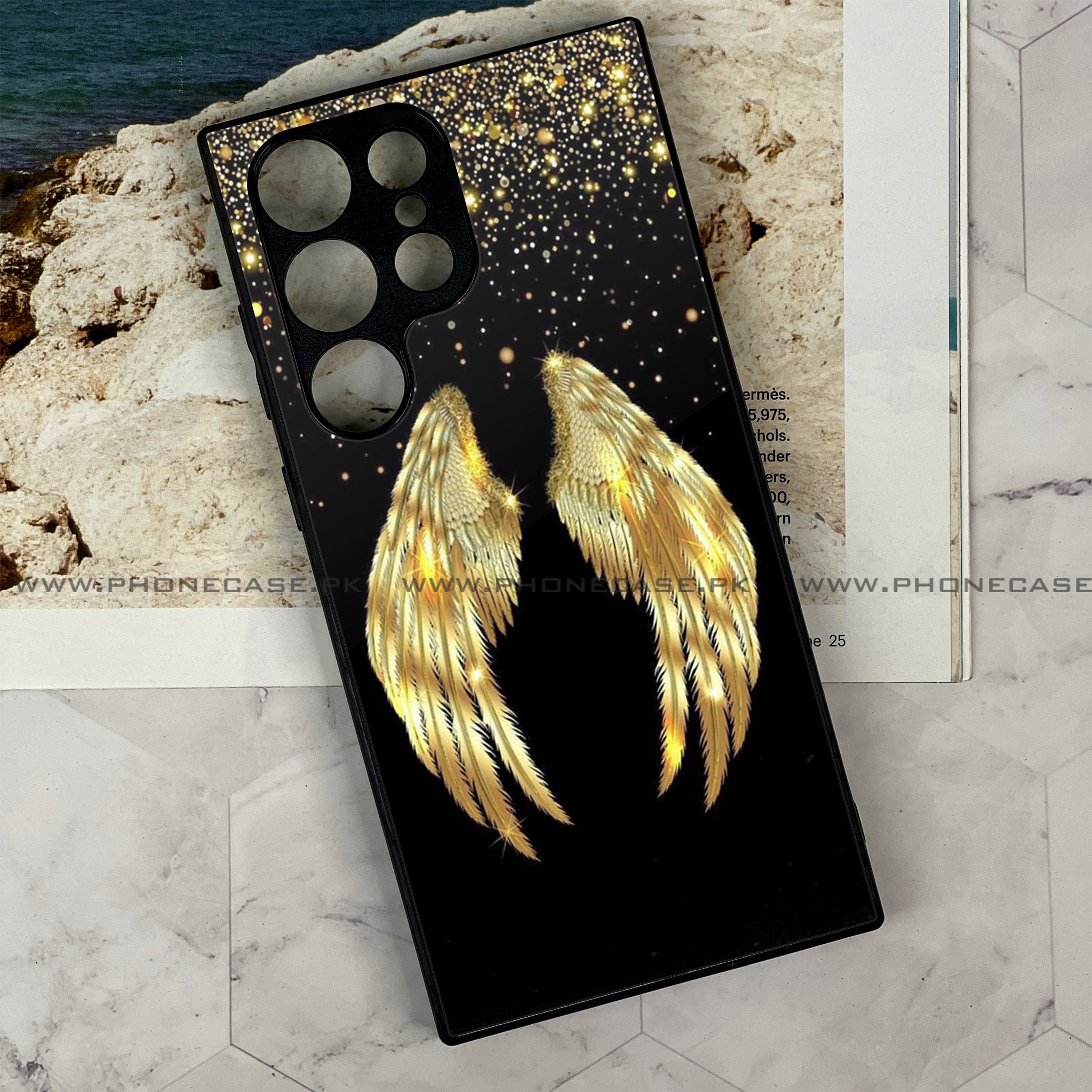 Samsung Galaxy S23 Ultra- Angel Wings  Series - Premium Printed Glass soft Bumper shock Proof Case