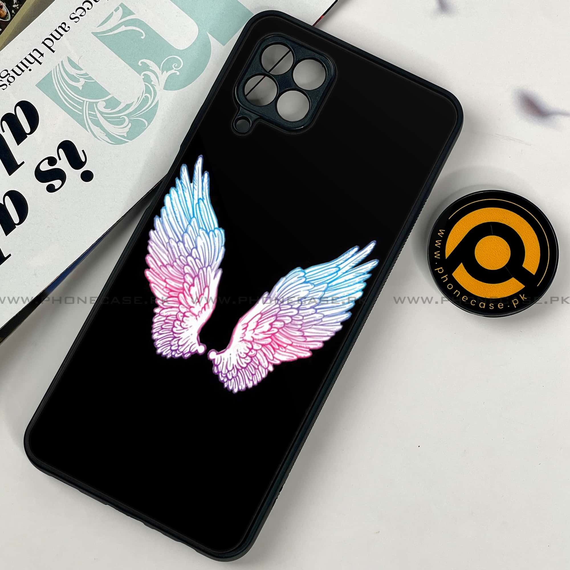 Samsung Galaxy A22 - Angel wings Series - Premium Printed Glass soft Bumper shock Proof Case