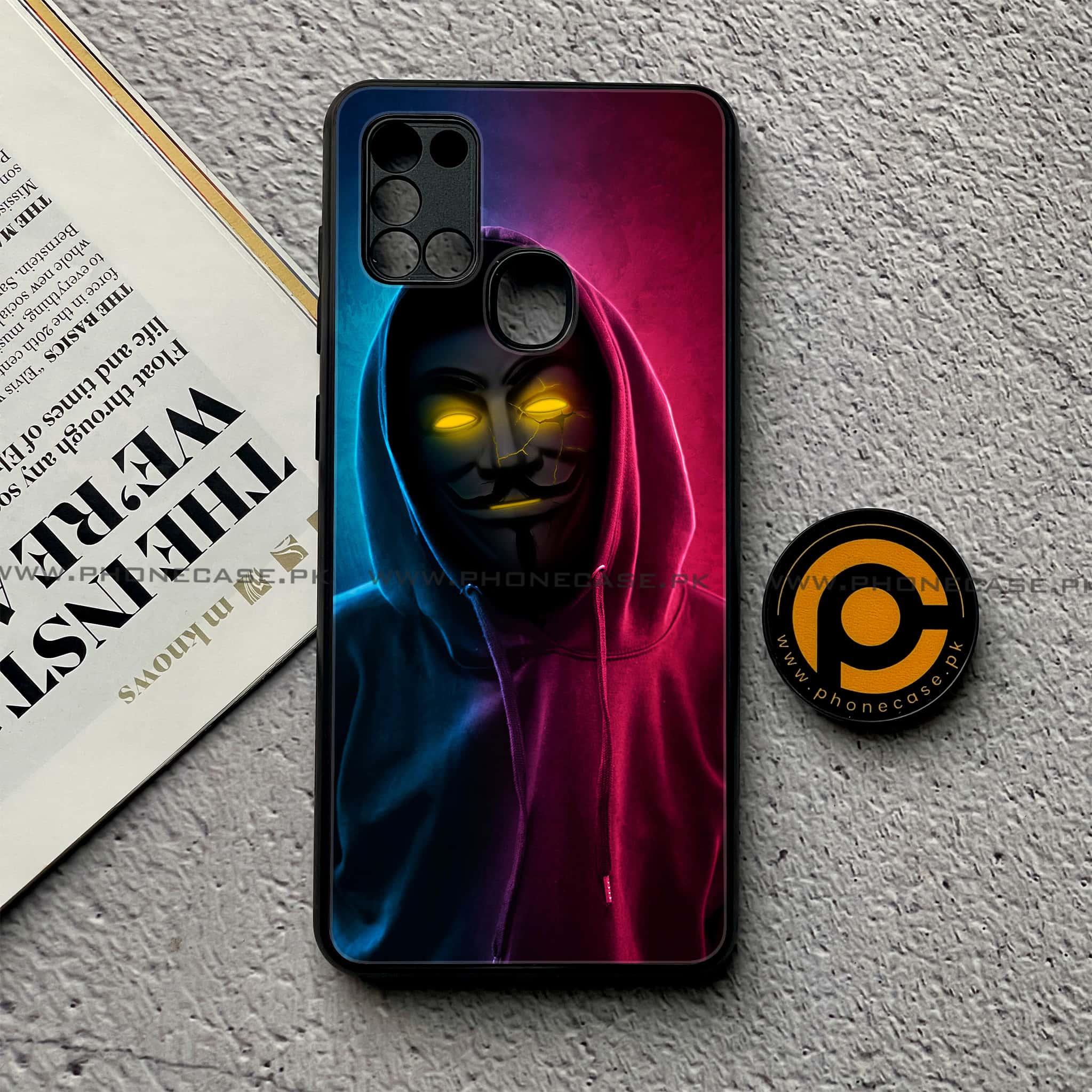 Samsung Galaxy A21s - Anonymous 2.0 Series - Premium Printed Glass soft Bumper shock Proof Case