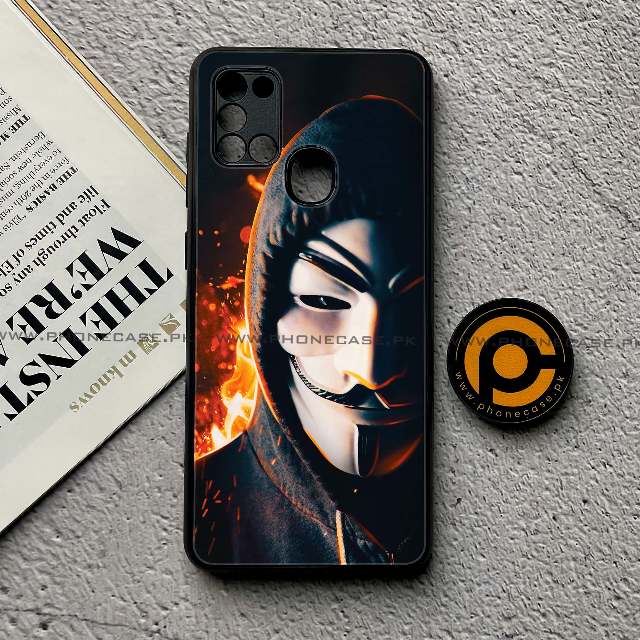 Samsung Galaxy A21s - Anonymous 2.0 Series - Premium Printed Glass soft Bumper shock Proof Case