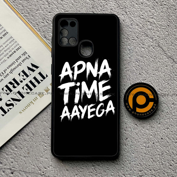 Samsung Galaxy A21s - Apna Time Ayega - Premium Printed Glass soft Bumper Shock Proof Case