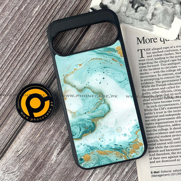 Google Pixel 9 Pro - Aqua Blue Marble Design - Premium Printed Glass soft Bumper shock Proof Case