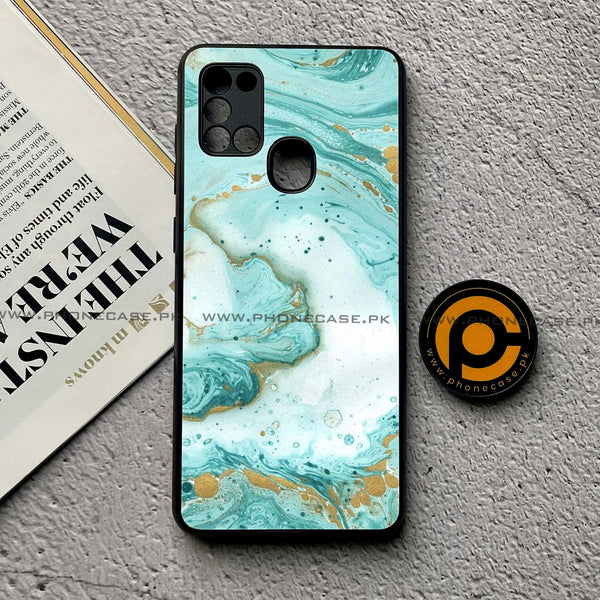 Samsung Galaxy A21s - Aqua Blue Marble Design - Premium Printed Glass soft Bumper Shock Proof Case