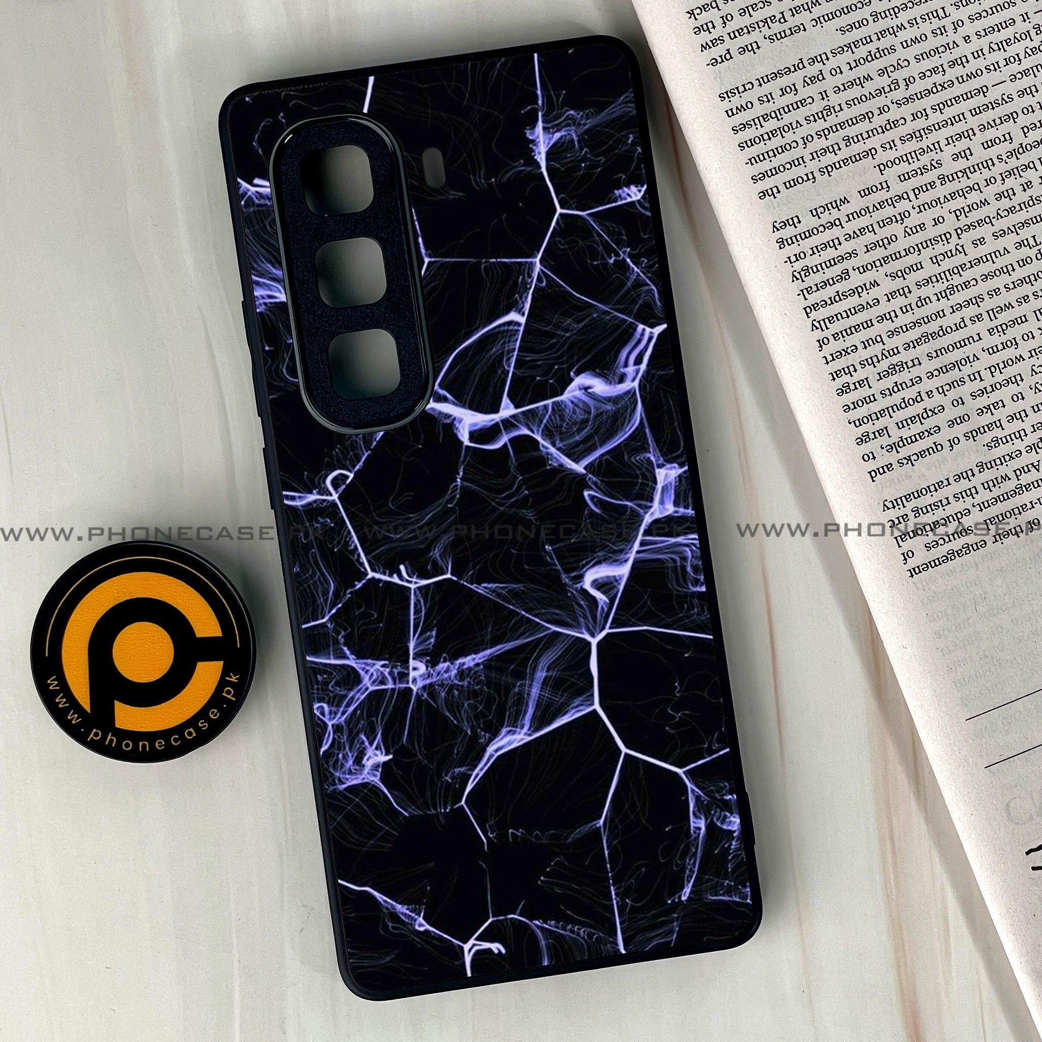 Infinix Hot 60  - Black Marble Series - Premium Metal Printed soft Bumper shock Proof Case