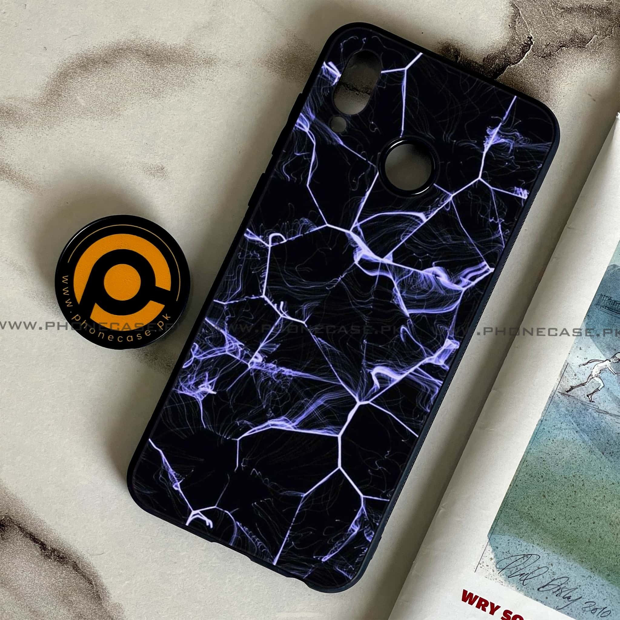 Huawei Honor Play - Black Marble Series - Premium Printed Glass soft Bumper shock Proof Case