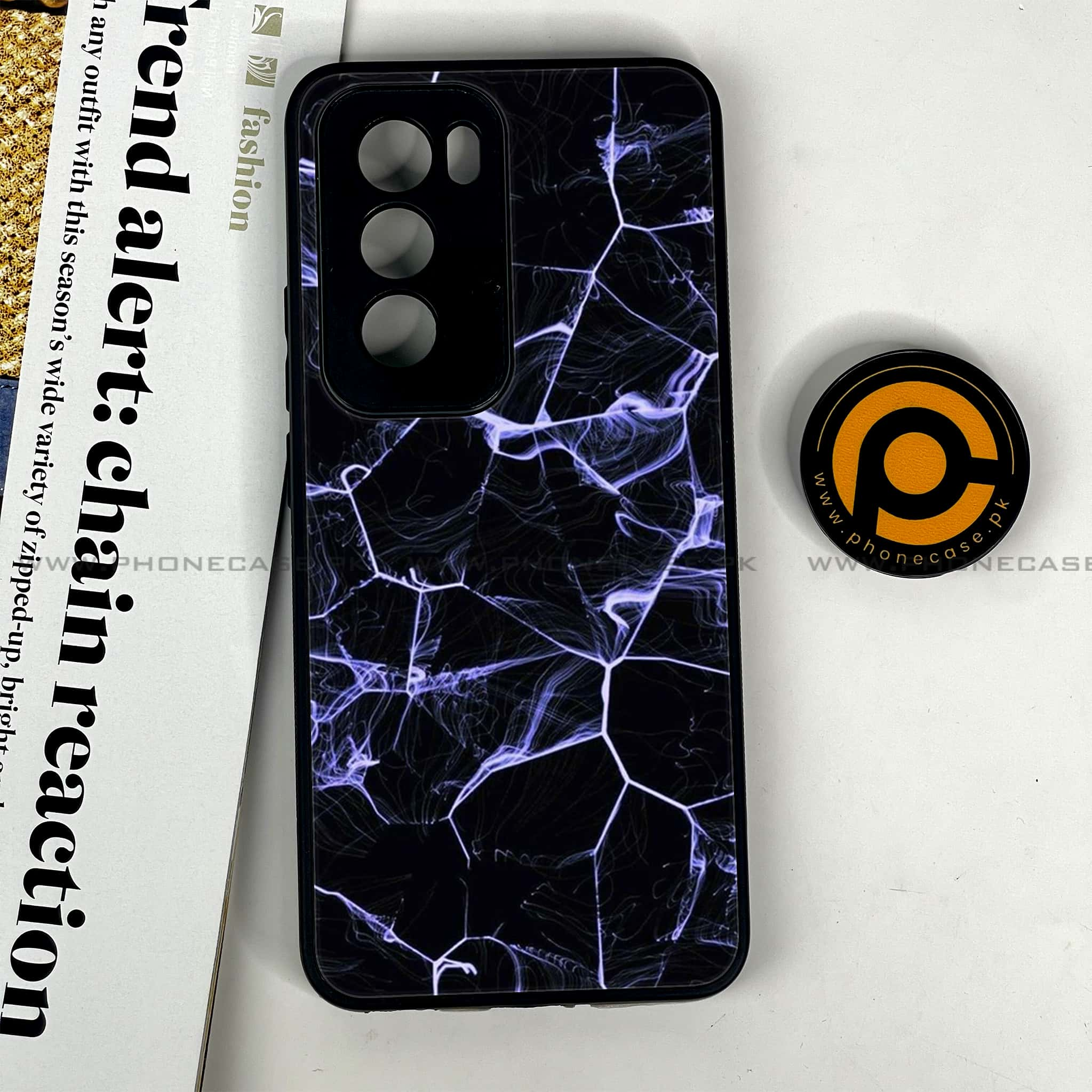 Oppo Reno 12 5G - Black Marble Series - Premium Printed Glass soft Bumper shock Proof Case