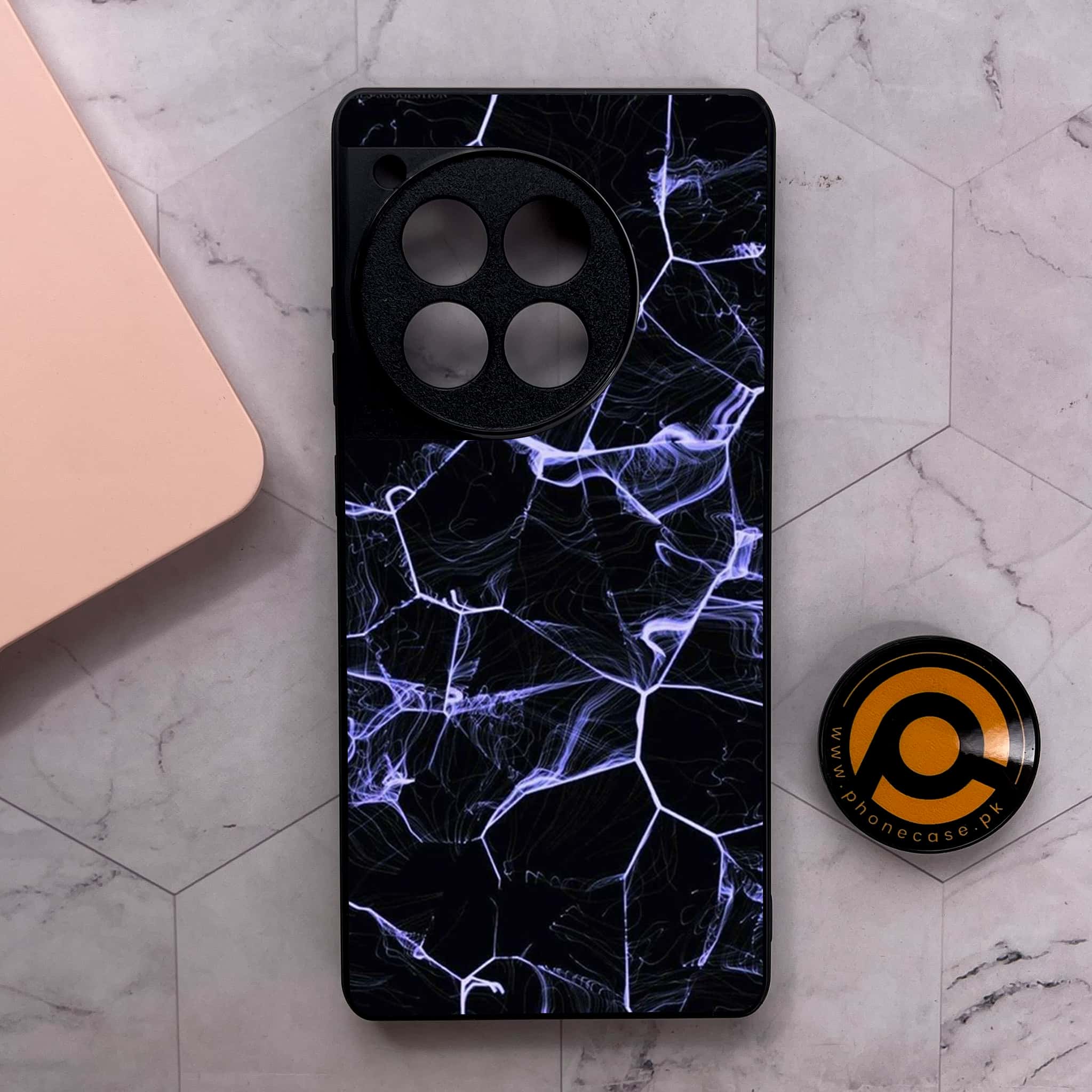 OnePlus 12R - Black Marble Series - Premium Metal Printed soft Bumper shock Proof Case