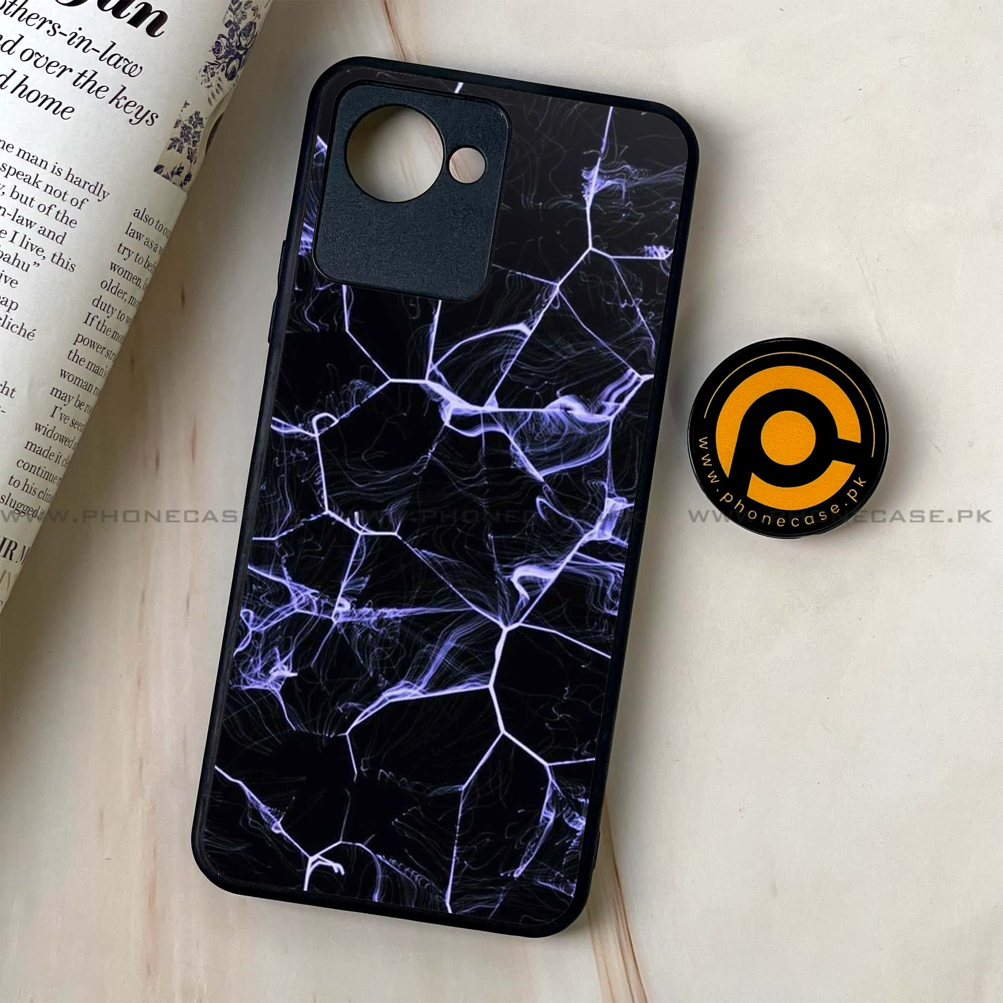 Realme C30 - Black Marble Series - Premium Printed Glass soft Bumper shock Proof Case