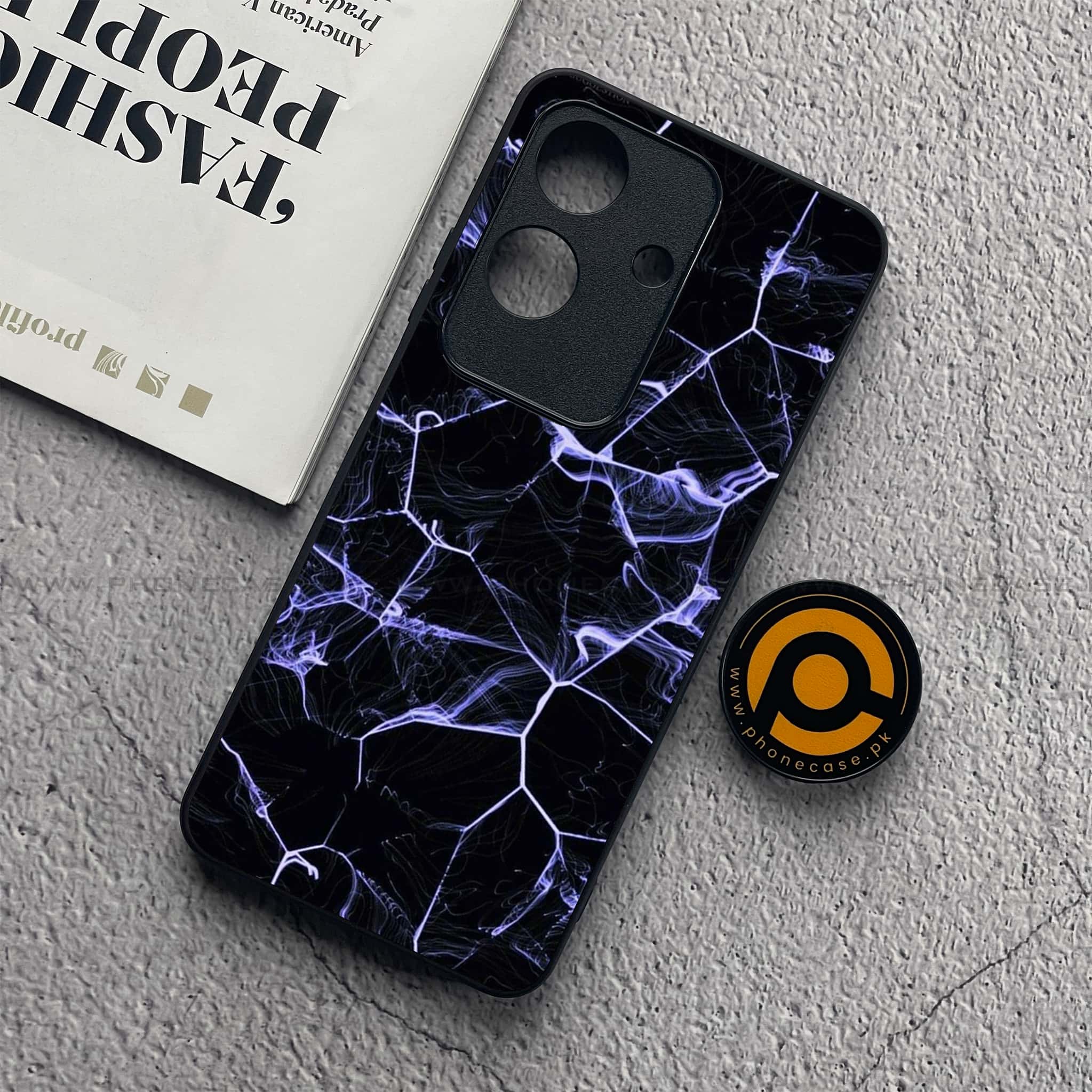 Realme Note 60x - Black Marble Series - Premium Metal  Printed soft Bumper shock Proof Case