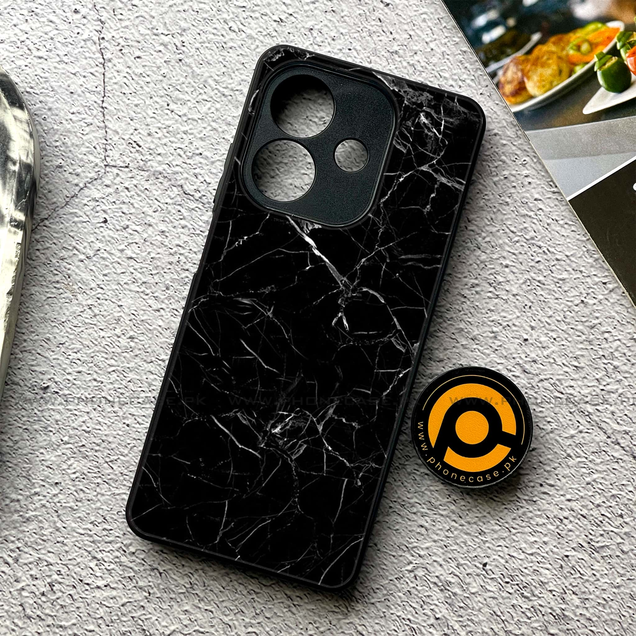 Oppo A3x - Black Marble Series - Premium Printed Glass soft Bumper shock Proof Case