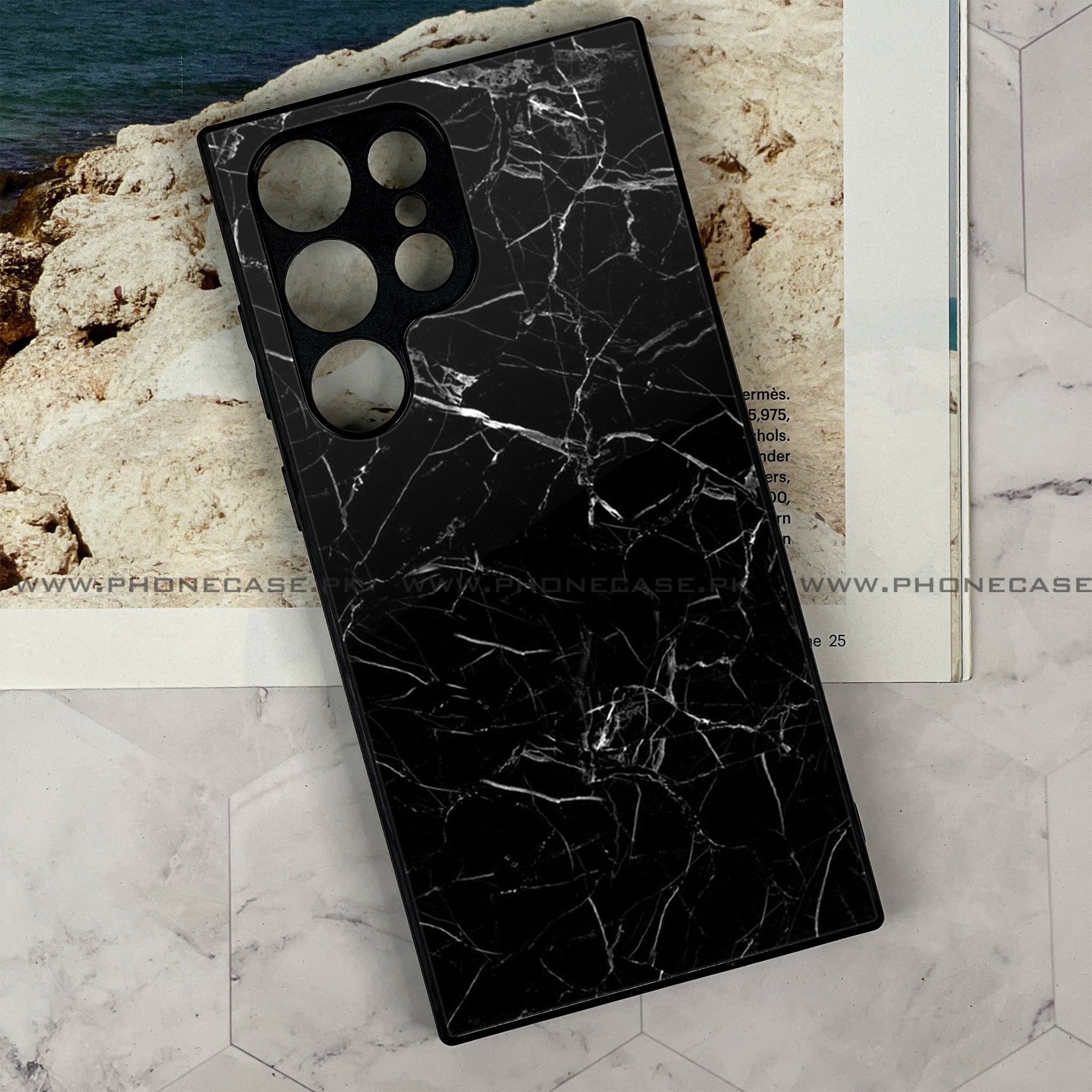 Samsung Galaxy S22 Ultra - Black Marble Series - Premium Printed Glass soft Bumper shock Proof Case