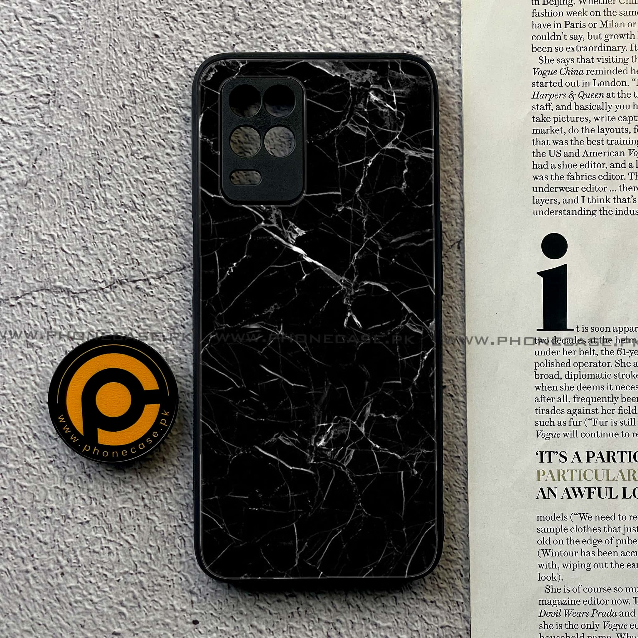 Realme Narzo 30 5G - Black Marble Series - Premium Printed Glass soft Bumper shock Proof Case