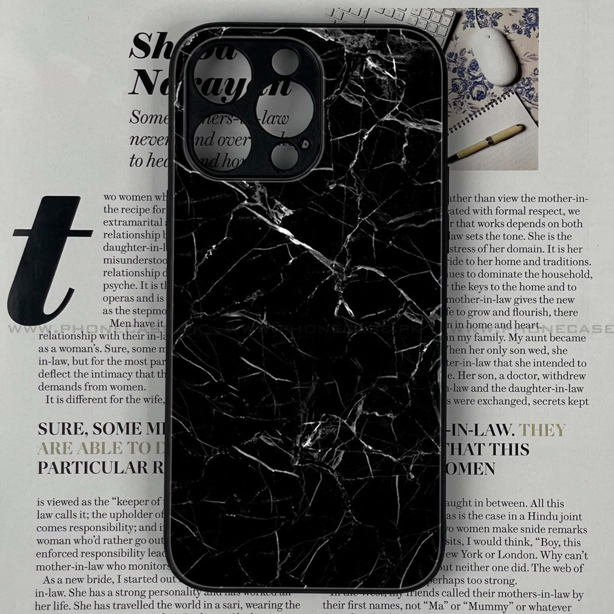 iPhone 14 Pro - Black Marble Series - Premium Printed Glass soft Bumper shock Proof Case