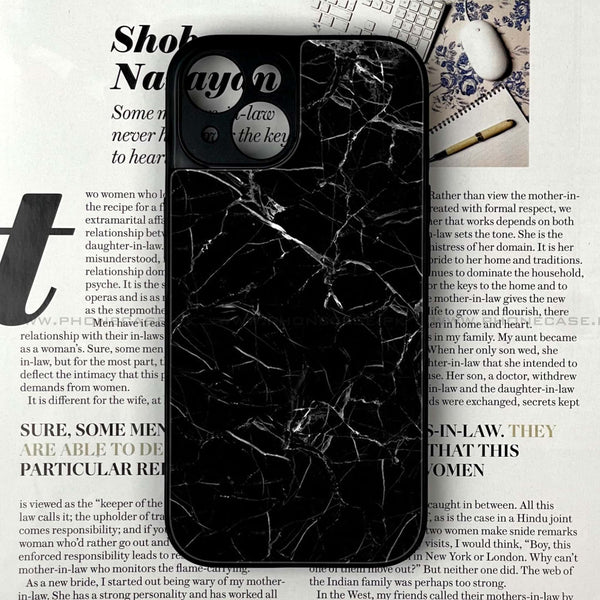 iPhone 14 - Black Marble Series - Premium Printed Glass soft Bumper shock Proof Case