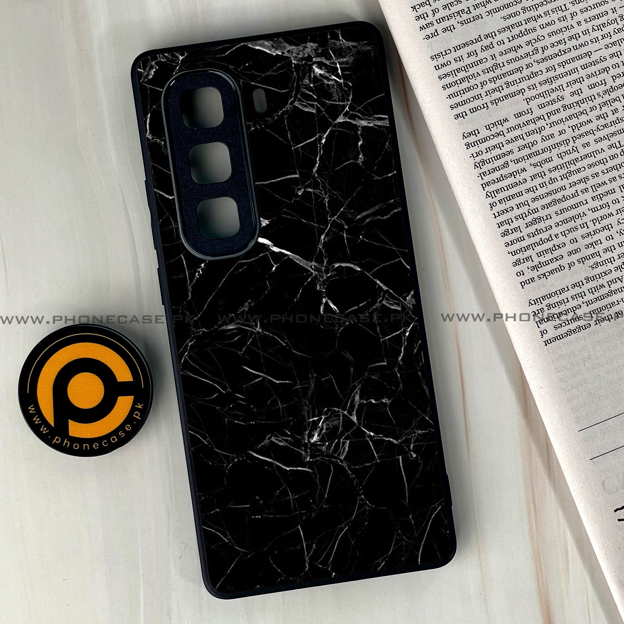 Infinix Hot 60  - Black Marble Series - Premium Metal Printed soft Bumper shock Proof Case