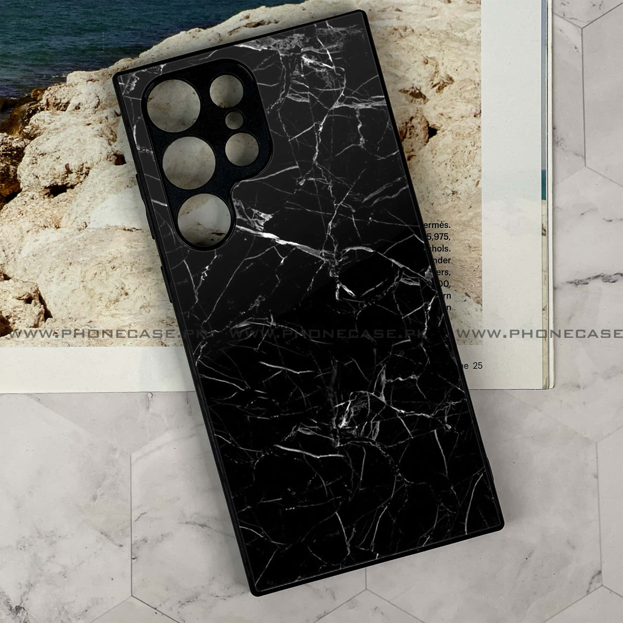 Samsung Galaxy S24 Ultra - Black Marble Series - Premium Printed Glass soft Bumper shock Proof Case