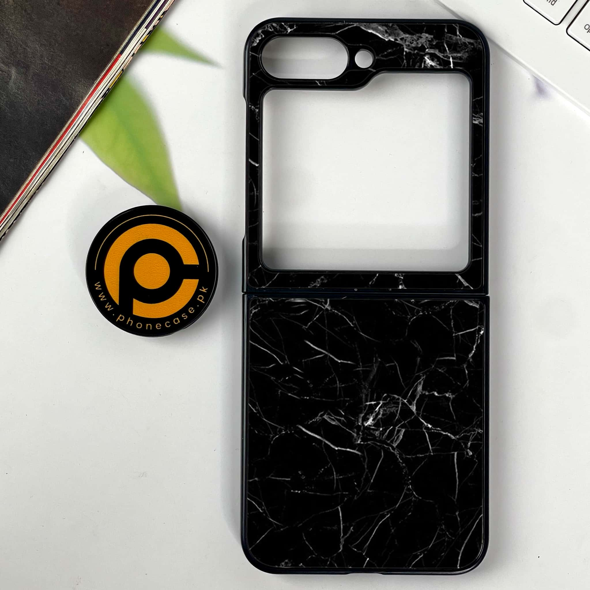 Galaxy Z Flip 6 - Black Marble Series - Premium Printed Glass soft Bumper shock Proof Case