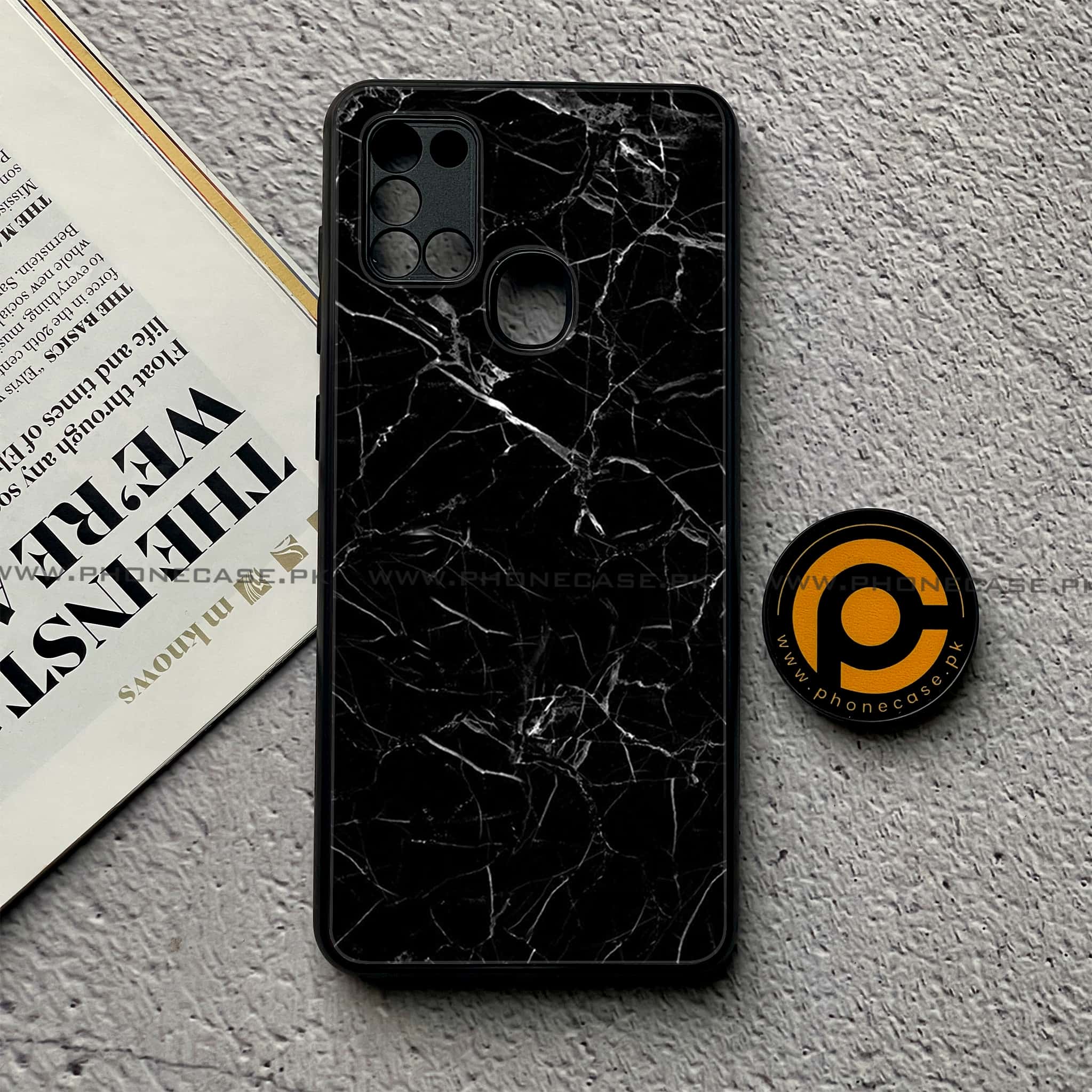 Samsung Galaxy A21s - Black Marble Series - Premium Printed Glass soft Bumper shock Proof Case
