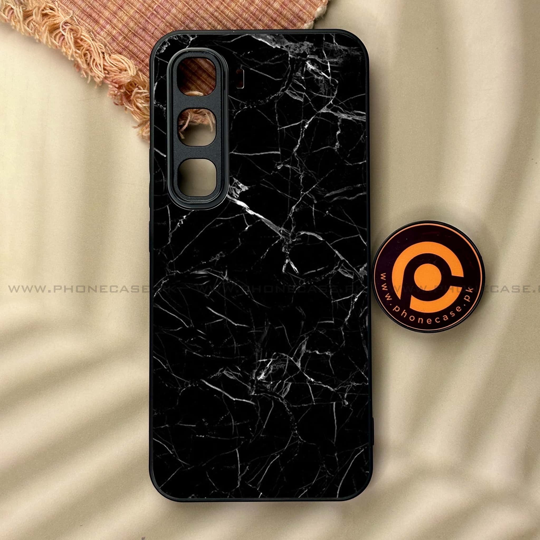 Infinix Hot 60 Pro - Black Marble Series - Premium Metal Printed soft Bumper shock Proof Case