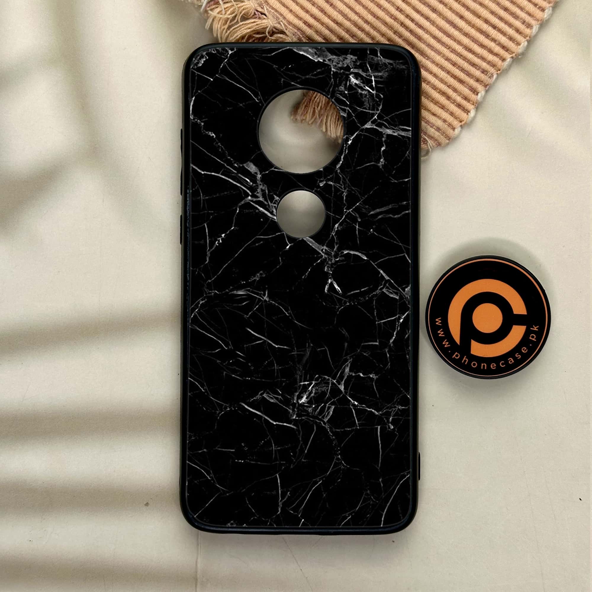 Moto G7 - Black Marble Series - Premium Printed Glass soft Bumper shock Proof Case
