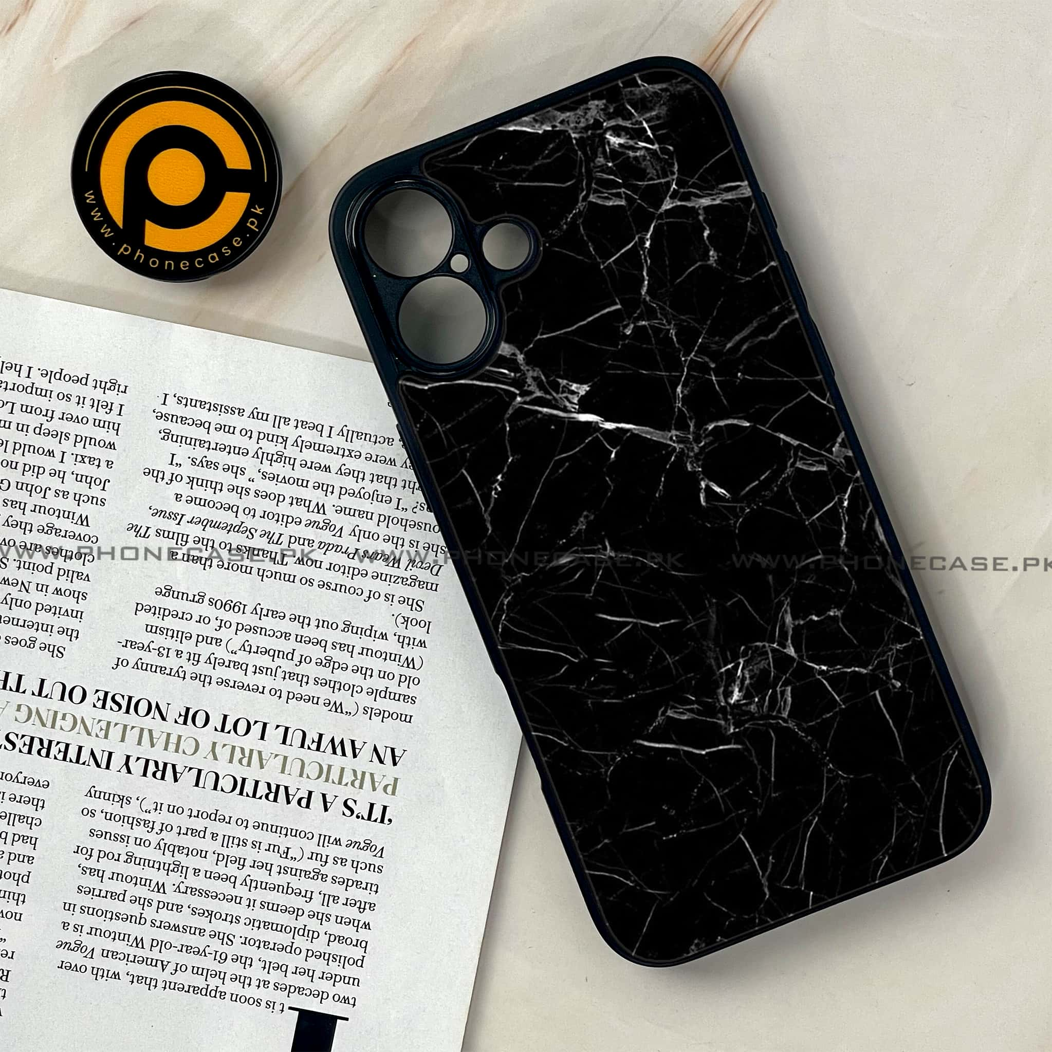 iPhone 16 - Black Marble Series - Premium Printed Glass soft Bumper shock Proof Case