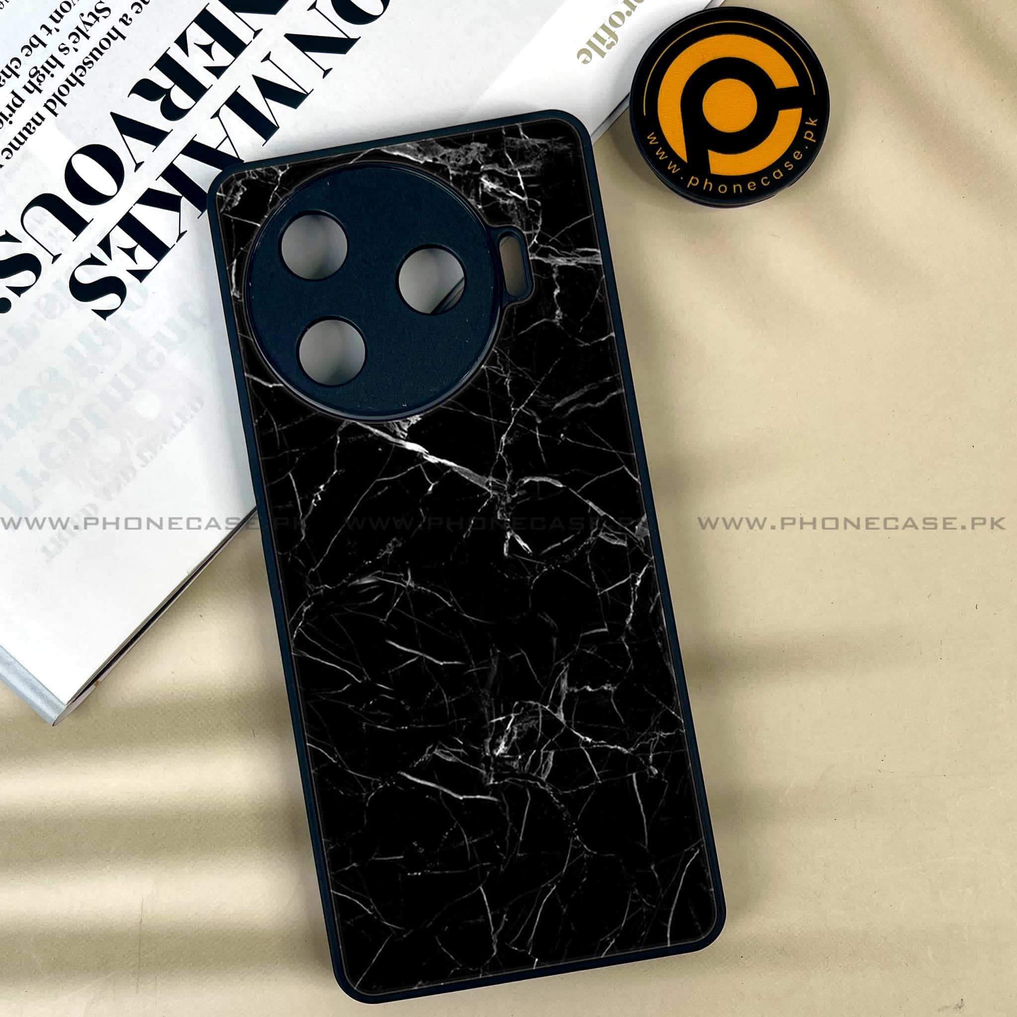 Tecno Camon 30 Pro - Black Marble Series - Premium Printed Glass soft Bumper shock Proof Case