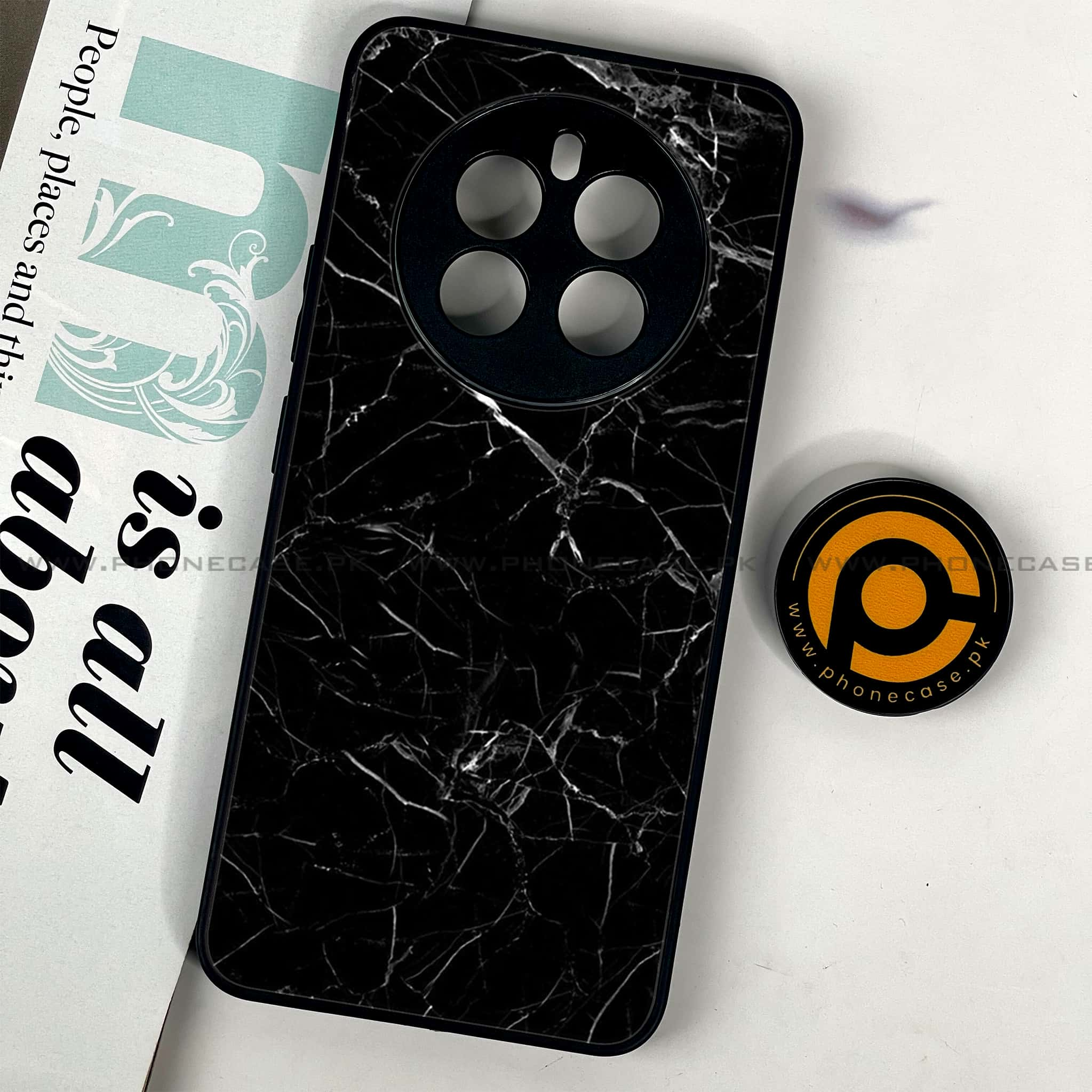 Realme 12 - Black Marble Series - Premium Printed Glass soft Bumper shock Proof Case