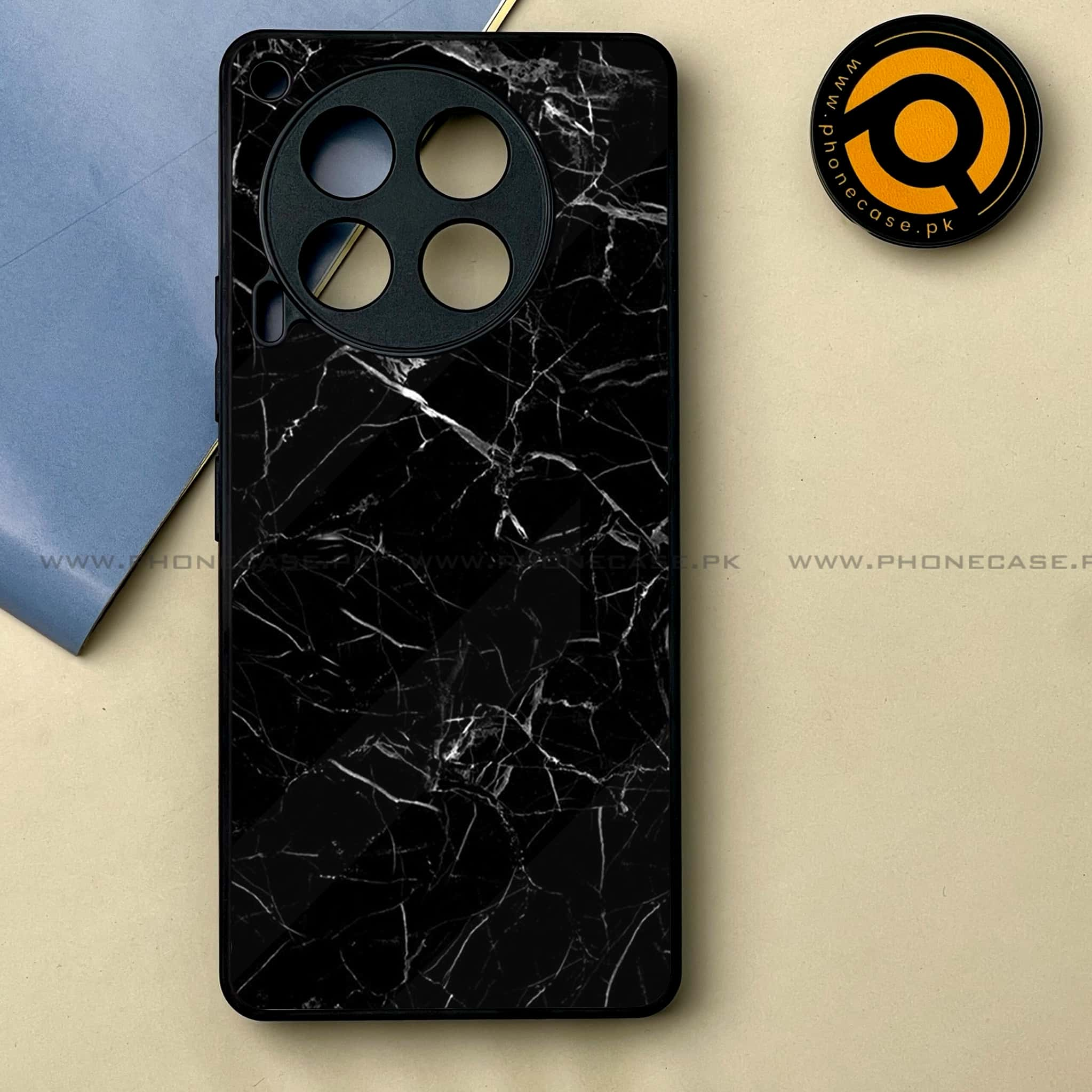 Tecno Camon 30 - Black Marble Series -  Premium Printed Metal soft Bumper shock Proof Case