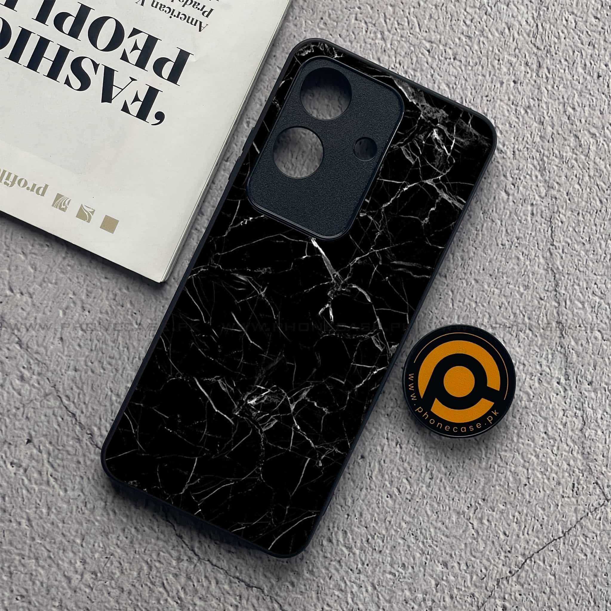 Realme Note 60x - Black Marble Series - Premium Metal  Printed soft Bumper shock Proof Case