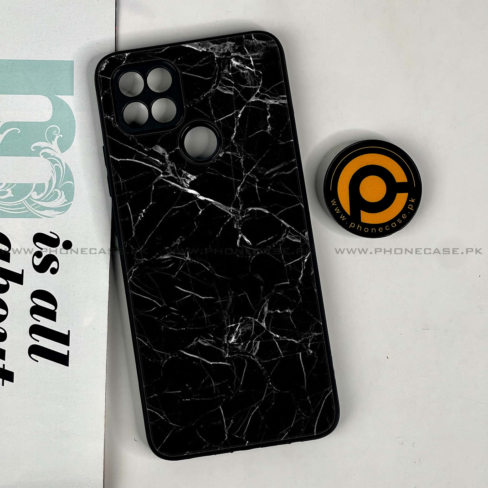 Oppo A15s - Black Marble Series - Premium Printed Glass soft Bumper shock Proof Case