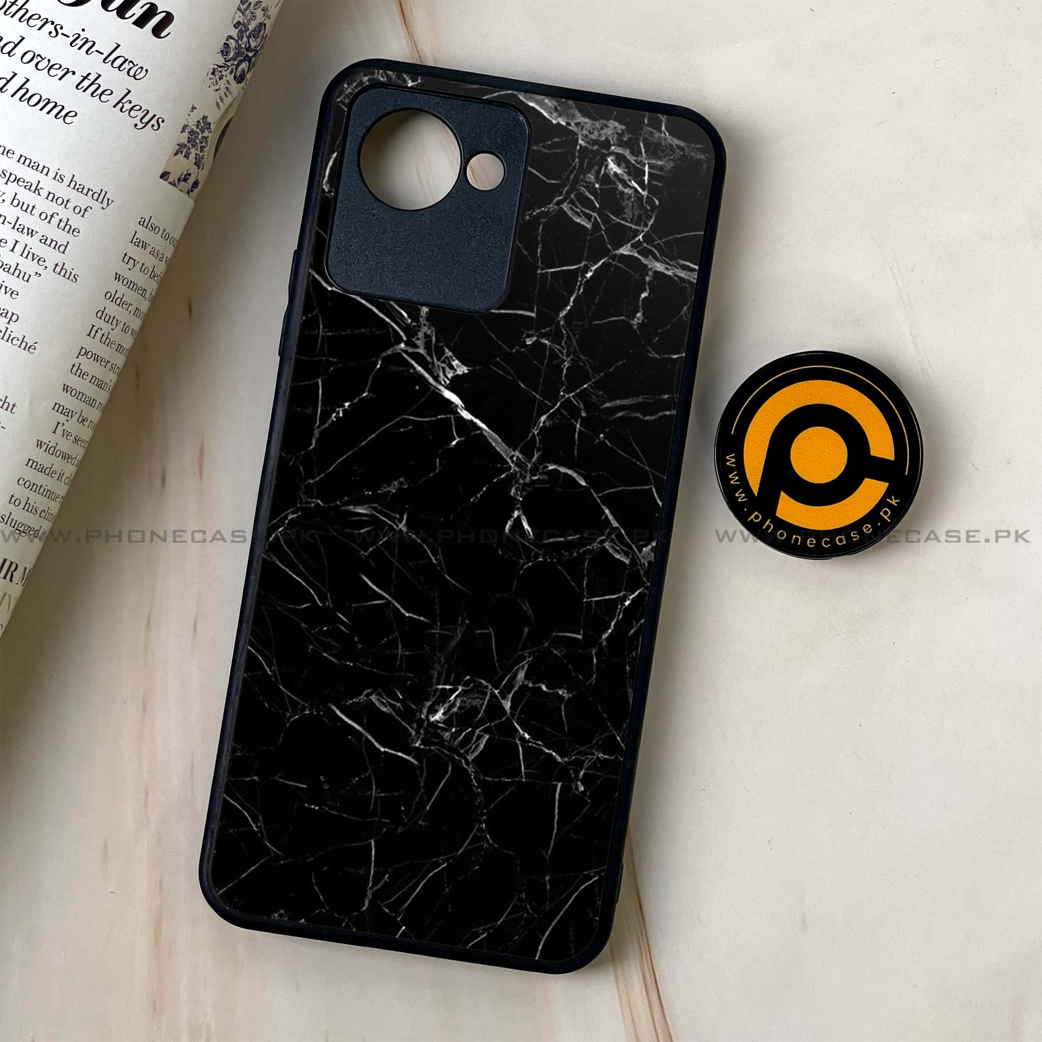 Realme C30 - Black Marble Series - Premium Printed Glass soft Bumper shock Proof Case